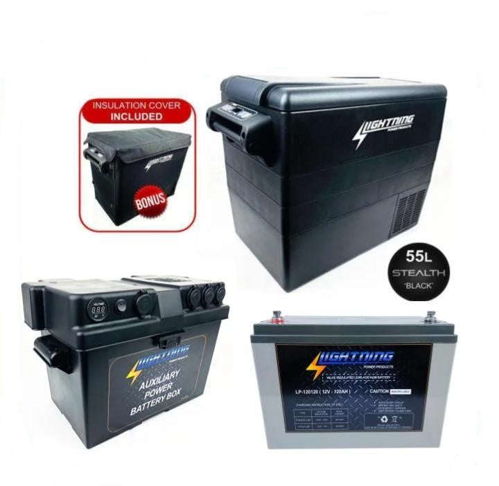 LIGHTNING Premium Fridge & Battery Package - 55L Fridge/Freezer + 120AH AGM Battery & Power Box Package (LP-PFB-P)