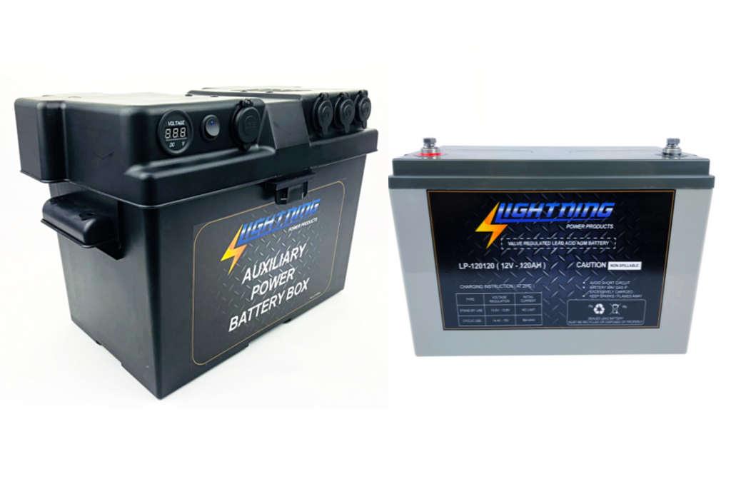 LIGHTNING Battery & Power Box Pack - 12V 120AH Deep Cycle AGM Battery & Auxiliary Power Box (LP-12120PBOX)