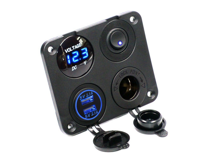 LIGHTNING 4 Way Switch Panel With Voltmeter + Dual USB + Power Socket and Switch - Blue (LP-4WSPV)
