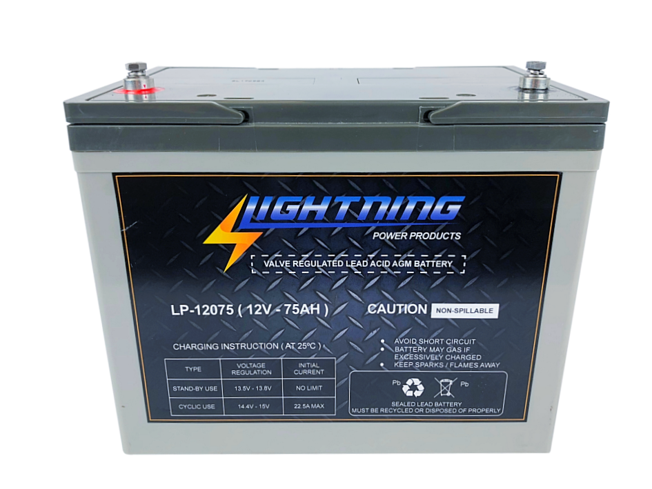 LIGHTNING 12 Volt 75Ah Deep Cycle AGM Auxiliary Battery (LP-12075)