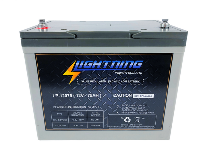 LIGHTNING 12 Volt 75Ah Deep Cycle AGM Auxiliary Battery (LP-12075)